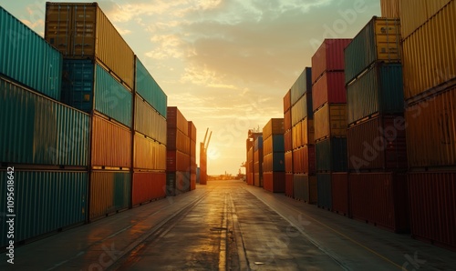 Shipping containers at sunset, vibrant colors, industrial setting, cargo transport, stacked containers, port, shipping yard, evening light