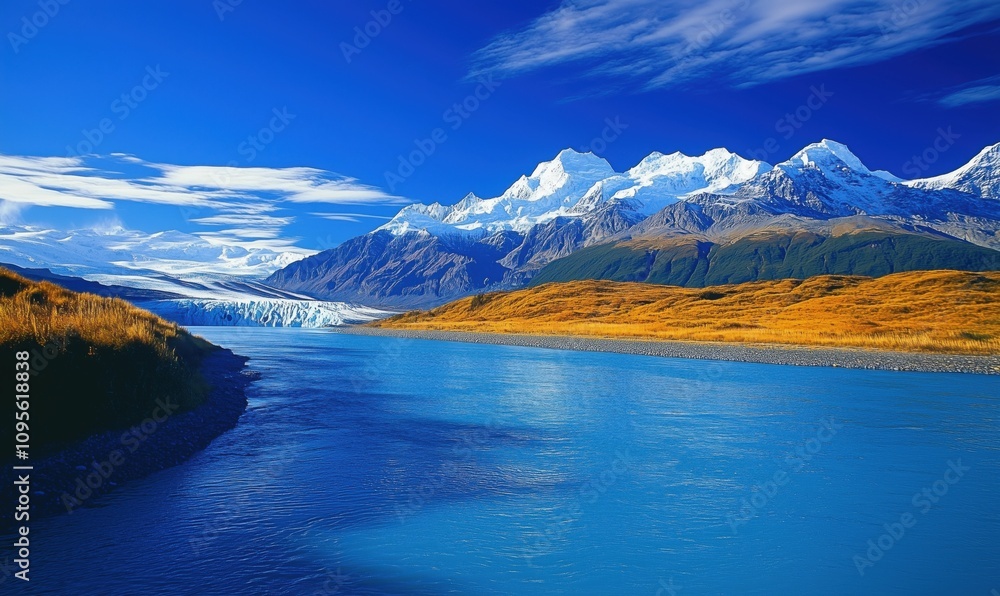 Majestic mountains and glacier river landscape, vibrant blue water, snow-capped peaks, lush green hills, clear sky, stunning natural beauty Majestic mountains and glacier river landscape, vibrant blue water, snow-capped peaks, lush green hills, clear sky, stunning natural beauty