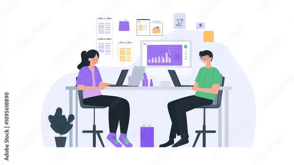 Two young entrepreneurs sitting at a desk, surrounded by their product line and laptops, excitedly analyzing their online store performance metrics. Two young entrepreneurs sitting at a desk, surrounded by their product line and laptops, excitedly analyzing their online store performance metrics.