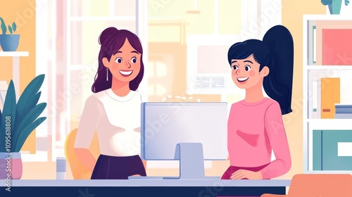 Two cheerful female coworkers standing by a desk, interacting over a shared computer screen, with a bright, modern office interior in the background.