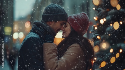 Couple embracing under snowfall near Christmas lights.