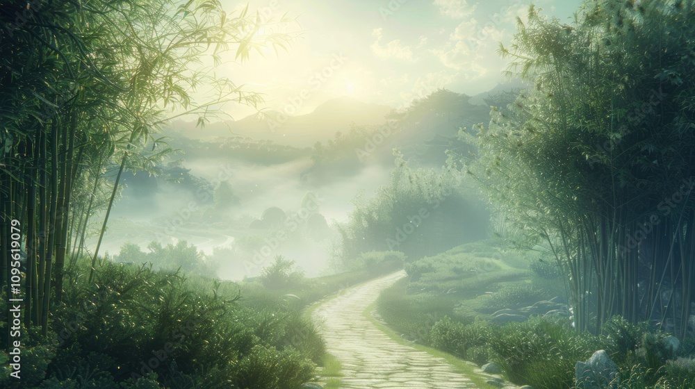 A serene landscape featuring a winding path through lush greenery and misty mountains. A serene landscape featuring a winding path through lush greenery and misty mountains.