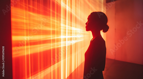 A silhouette of a woman stands in front of vibrant, orange light rays, creating a striking contrast against the background.