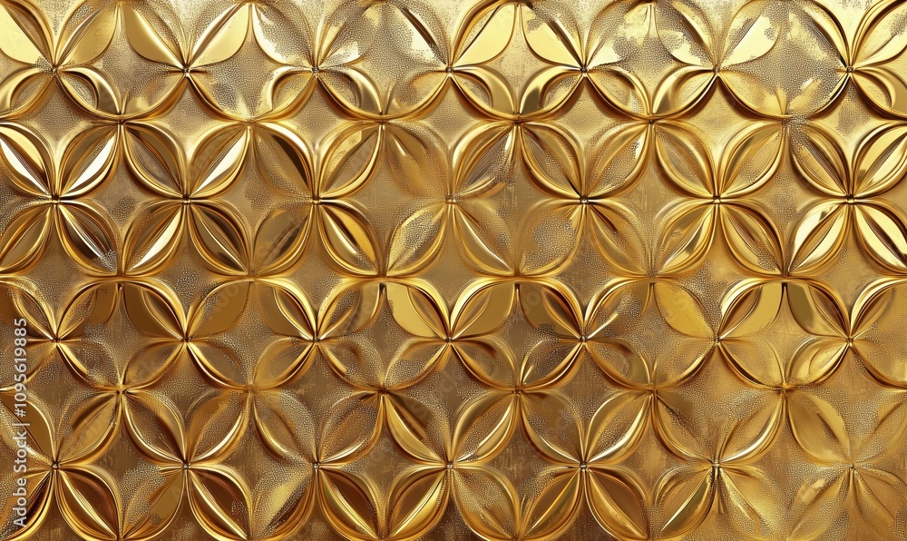 Golden floral pattern design, intricate texture, shiny metallic finish, repeating circular shapes, elegant and luxurious appearance Golden floral pattern design, intricate texture, shiny metallic finish, repeating circular shapes, elegant and luxurious appearance