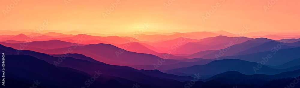 Obraz premium stunning landscape of rolling mountains at sunrise, with vibrant hues of orange, pink, and purple painting sky. serene atmosphere evokes sense of peace and tranquility
