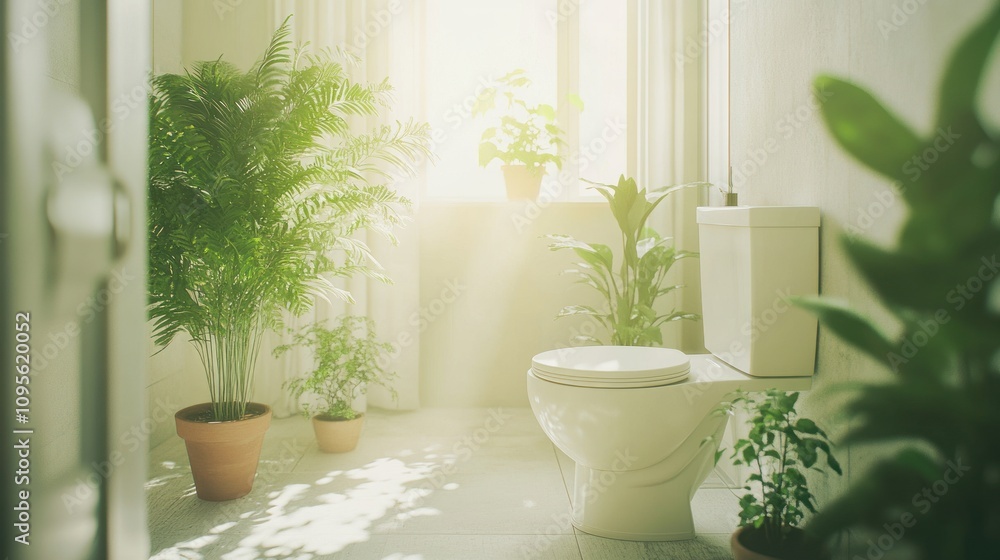 A bright and airy bathroom with a toilet and many plants. The room is filled with natural light, casting shadows on the floor. A bright and airy bathroom with a toilet and many plants. The room is filled with natural light, casting shadows on the floor.