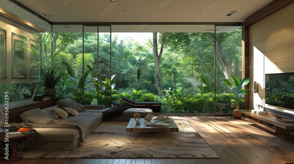 A modern living room with large windows showcasing a lush green landscape. A modern living room with large windows showcasing a lush green landscape.