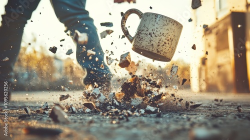 A person smashing a ceramic mug on the ground, with fragments flying, highlighting an outburst of anger.