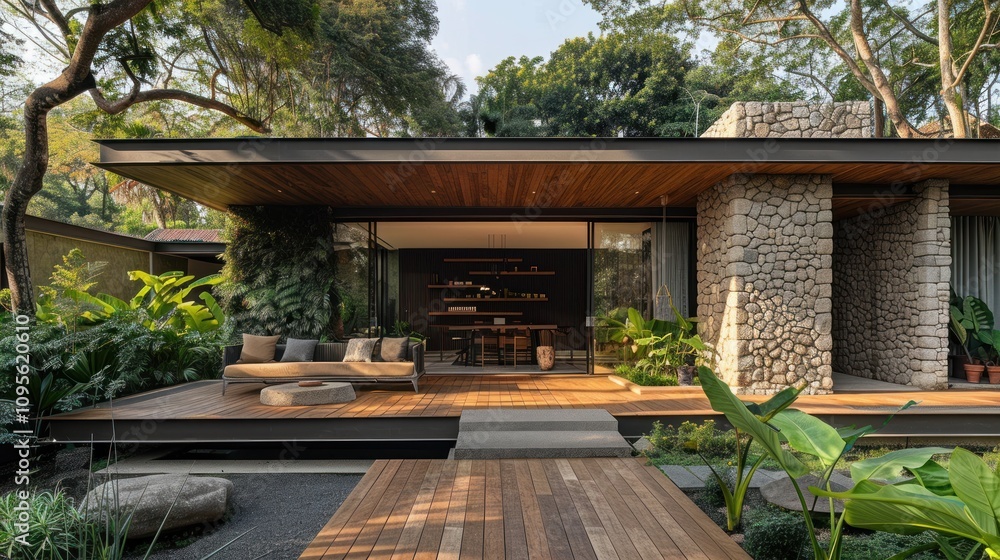 Fototapeta premium Modern architectural design featuring a wooden deck, stone accents, and lush greenery.