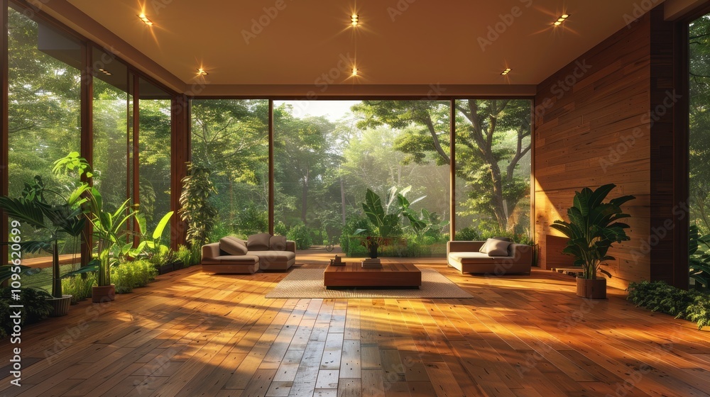 A serene living space with large windows, natural light, and lush greenery. A serene living space with large windows, natural light, and lush greenery.