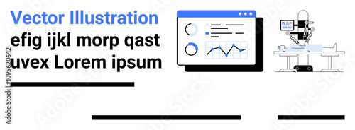 Tablet displaying graphs alongside a medical robot performing surgery. Ideal for healthcare, technology, education, data analysis, medical innovation, research presentations, and tech product ads