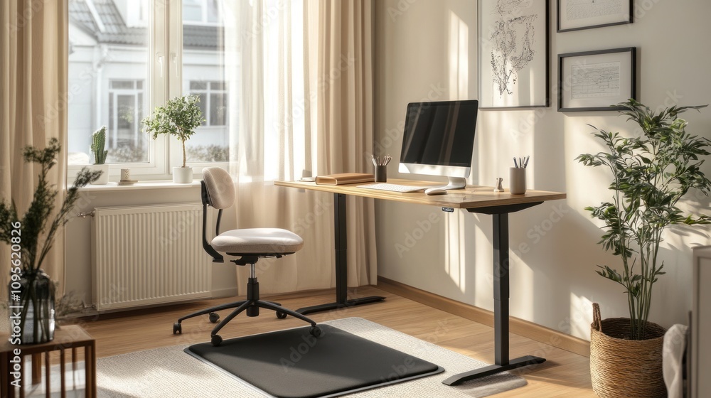 A modern home office with a standing desk, chair, and plants. A modern home office with a standing desk, chair, and plants.
