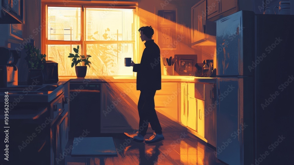 A person walking through the kitchen in slippers, clutching a cup of coffee, still half-asleep, as morning light pours through the window. A person walking through the kitchen in slippers, clutching a cup of coffee, still half-asleep, as morning light pours through the window.