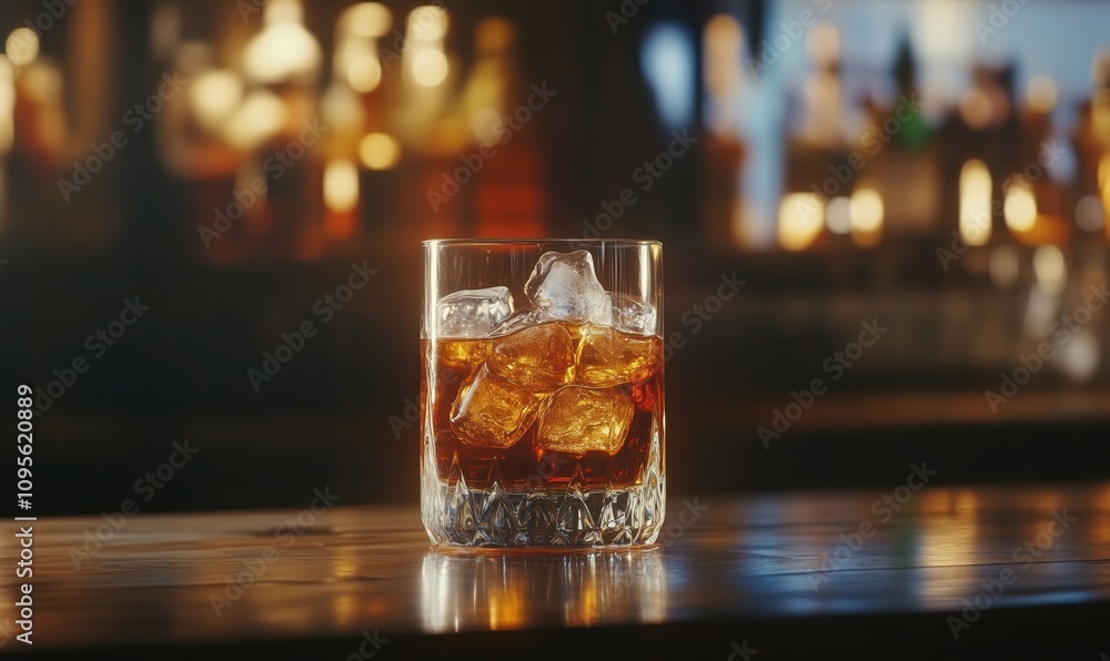 Whiskey glass with ice, warm bar ambiance, blurred background, rich colors, inviting atmosphere Whiskey glass with ice, warm bar ambiance, blurred background, rich colors, inviting atmosphere