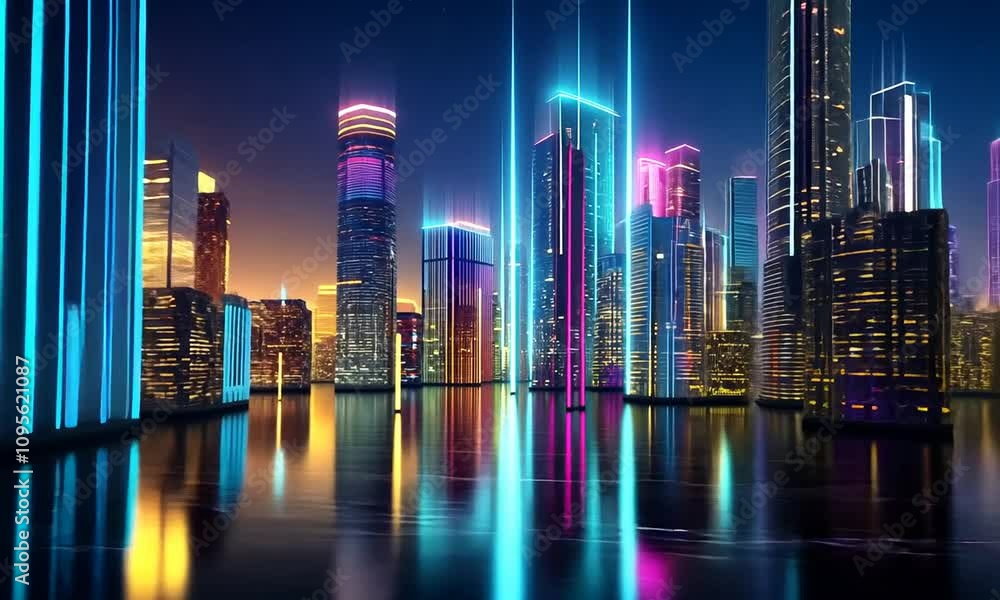 Vibrant Night Cityscape with Illuminated Skyscrapers Reflecting in Calm Water Against a Starry Sky, Showcasing Modern Urban Architecture and Colorful Lights Vibrant Night Cityscape with Illuminated Skyscrapers Reflecting in Calm Water Against a Starry Sky, Showcasing Modern Urban Architecture and Colorful Lights