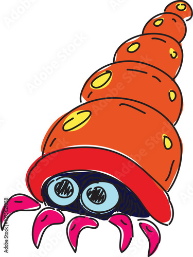 a shelled mollusk looks out from the darkness of its shell with its limbs out