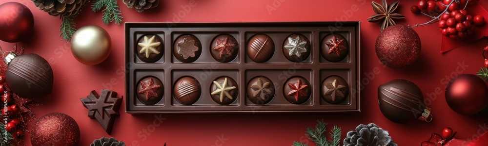 Many chocolates in a box on a red table, christmas background, banner Many chocolates in a box on a red table, christmas background, banner