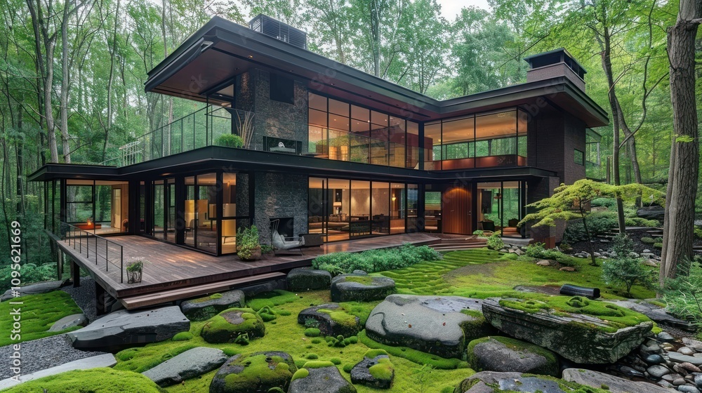 Modern house surrounded by lush greenery and stone landscaping, blending architecture with nature. Modern house surrounded by lush greenery and stone landscaping, blending architecture with nature.