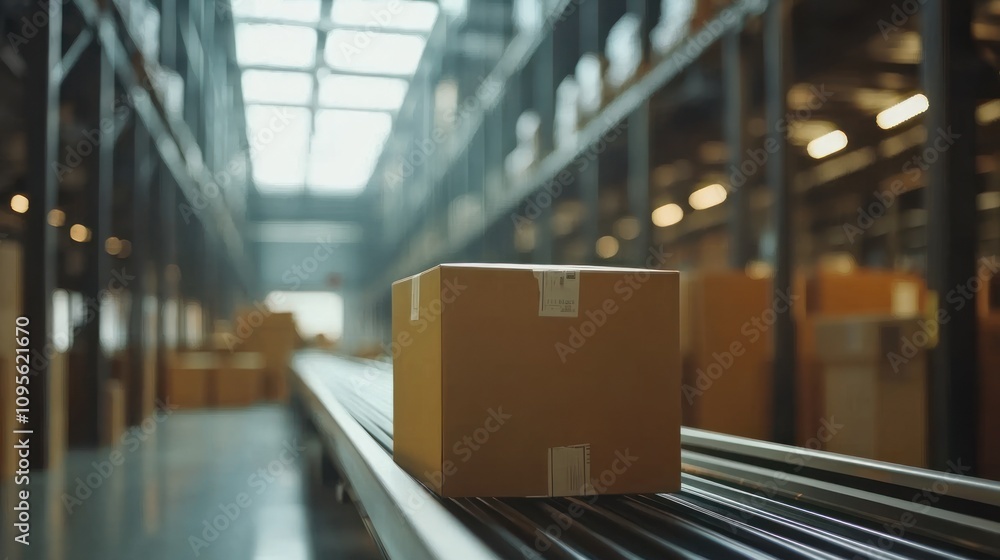 A cardboard box moves along a conveyor belt in a warehouse. A cardboard box moves along a conveyor belt in a warehouse.