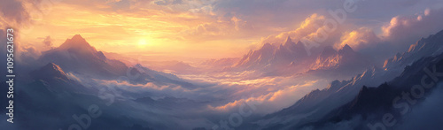 serene sunrise illuminating landscape, casting warm hues over majestic mountains and soft clouds, creating tranquil atmosphere