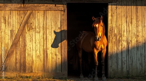 A brown horse stands in a wooden barn doorway, illuminated by the morning sun. Its shadow is cast on the wall behind it.