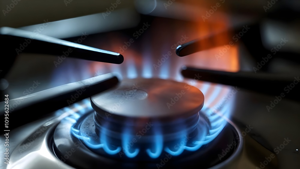 Close-up of gas stove burner with burning flames. Close-up of gas stove burner with burning flames.