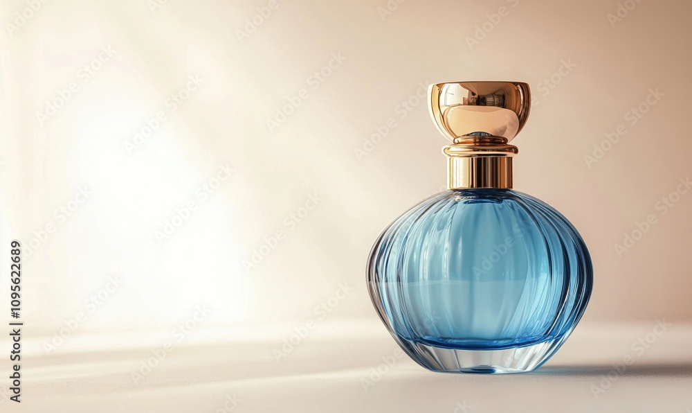 Elegant blue perfume bottle, round shape, golden cap, soft lighting, minimalist background, luxury fragrance, stylish design Elegant blue perfume bottle, round shape, golden cap, soft lighting, minimalist background, luxury fragrance, stylish design