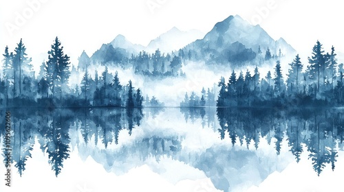 Serene blue watercolor landscape with mountains, mist, and forests reflecting on calm lake water, evoking tranquility and nature's beauty.