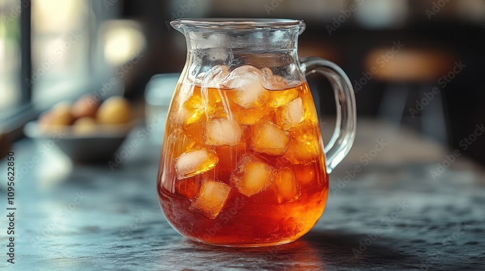 a glass pitcher with a brown liquid and ice cubes a glass pitcher with a brown liquid and ice cubes