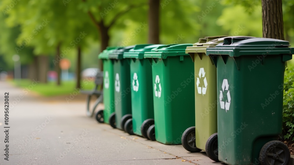 Colorful recycling bins lined along a serene path in the heart of a lush park during daytime Colorful recycling bins lined along a serene path in the heart of a lush park during daytime