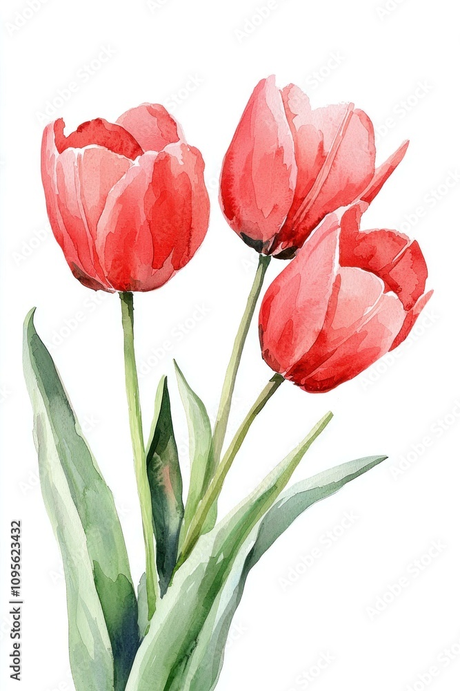 Beautiful watercolor illustration of three vibrant red tulips with green leaves, symbolizing love and springtime freshness, ideal for floral design projects. Beautiful watercolor illustration of three vibrant red tulips with green leaves, symbolizing love and springtime freshness, ideal for floral design projects.