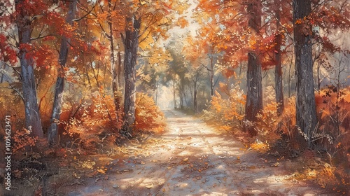 A serene autumn landscape with vibrant foliage lining a tranquil path.