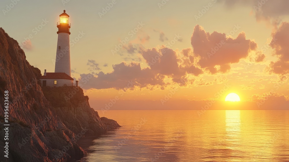 A lighthouse standing tall on a cliff during golden hour, with the sun setting behind it and casting a golden glow on the water below. A lighthouse standing tall on a cliff during golden hour, with the sun setting behind it and casting a golden glow on the water below.