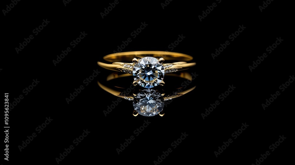 Stunning gold engagement ring featuring a brilliant round diamond and delicate side stones, elegantly set against a sleek black background showcasing its brilliance and reflection Stunning gold engagement ring featuring a brilliant round diamond and delicate side stones, elegantly set against a sleek black background showcasing its brilliance and reflection