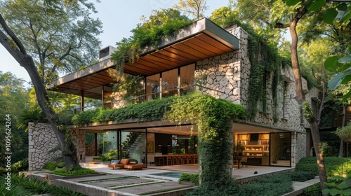 Modern house surrounded by greenery, showcasing contemporary architecture and natural integration.