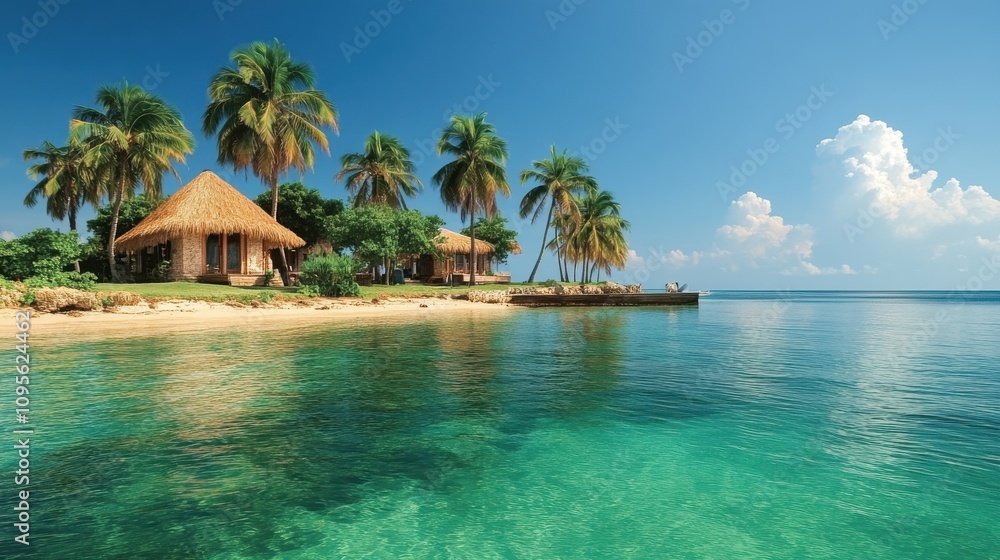 a group of palm trees and huts a group of palm trees and huts