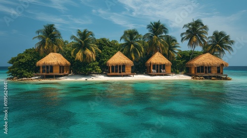 a group of palm trees and huts