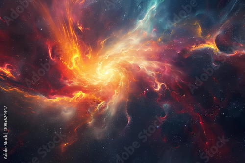 A vibrant cosmic scene showcasing swirling galaxies in shades of orange, red, and blue against a dark starry backdrop.