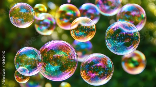 Colorful Soap Bubbles Floating in a Sunlit Garden, Capturing Light and Reflection in Vivid Rainbow Patterns Against a Green Background