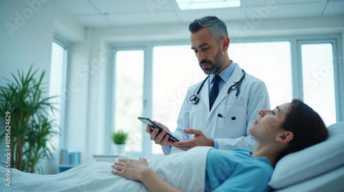 Male Doctor Attentively Examining A Patient Lying In A Bright And Modern Hospital Room