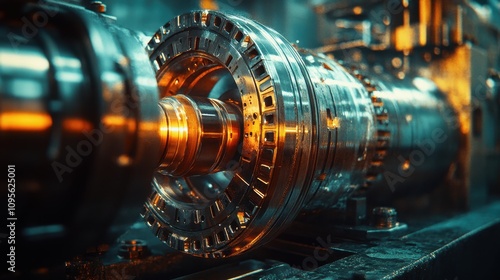 A close-up view of a large shiny metal lathe machine