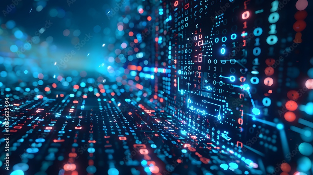 Fototapeta premium Abstract digital background with glowing binary code in blue and red.