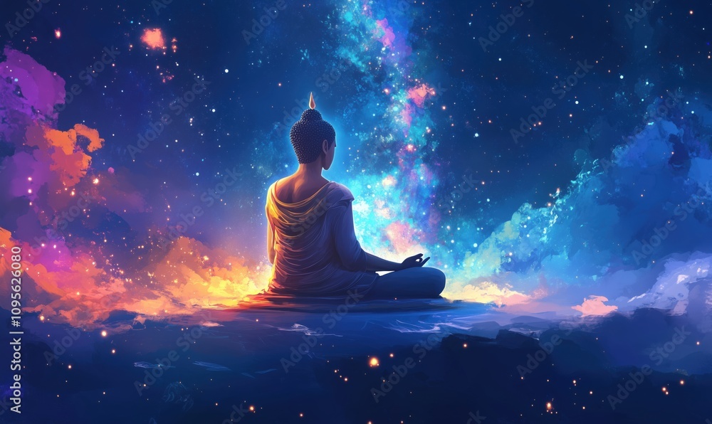 Buddha meditating in cosmic space, vibrant colors, serene atmosphere, starry background, spiritual enlightenment, tranquility, harmony Buddha meditating in cosmic space, vibrant colors, serene atmosphere, starry background, spiritual enlightenment, tranquility, harmony