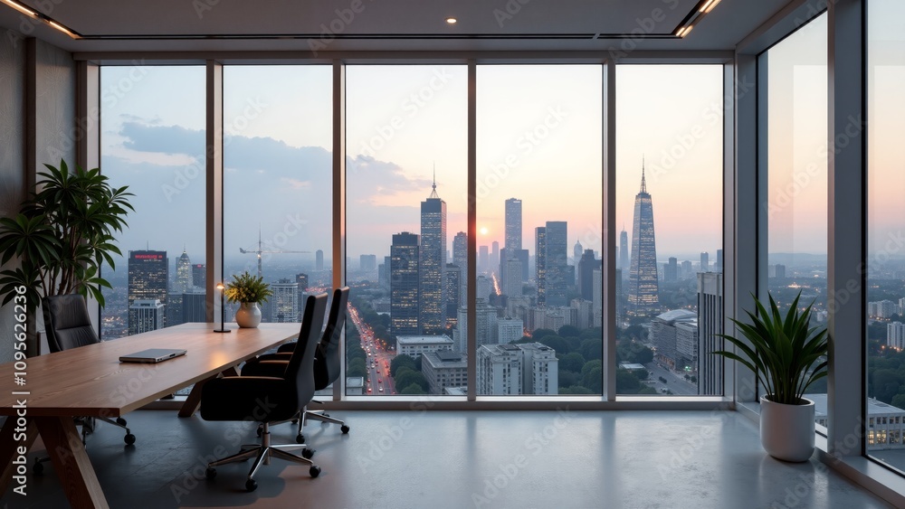 Fototapeta premium Modern office with skyline view of Manhattan at sunset showcasing iconic architecture