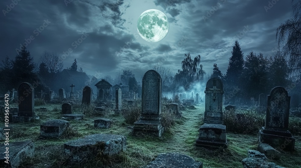 A mystical 16th-century graveyard under a cloudy night sky, with a super moon shining above, casting a silvery light over ancient tombstones and an eerie mist creeping across the ground. A mystical 16th-century graveyard under a cloudy night sky, with a super moon shining above, casting a silvery light over ancient tombstones and an eerie mist creeping across the ground.