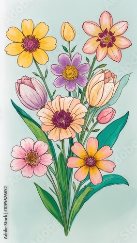 Springtime flowers in pastel shades hand drawing