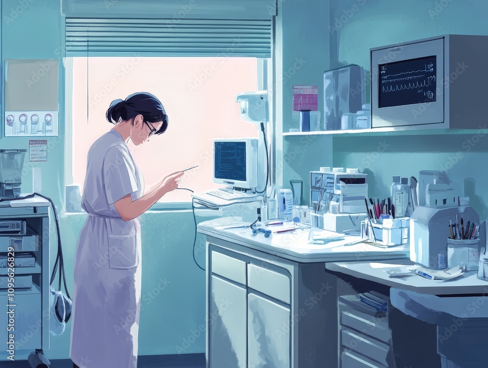 A nurse taking a patient temperature in a sterile clinic room, with medical instruments arranged neatly nearby. A nurse taking a patient temperature in a sterile clinic room, with medical instruments arranged neatly nearby.