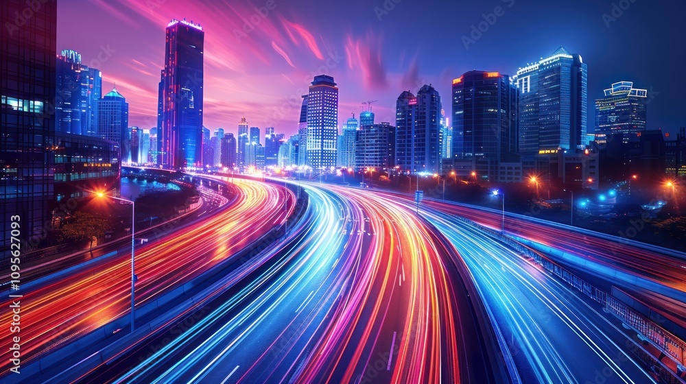 A vibrant cityscape at dusk, showcasing light trails from moving vehicles on a busy highway. A vibrant cityscape at dusk, showcasing light trails from moving vehicles on a busy highway.