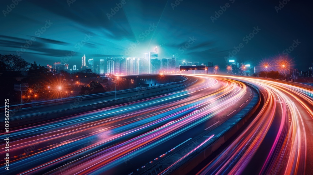 A vibrant cityscape at night with light trails from vehicles on a busy highway. A vibrant cityscape at night with light trails from vehicles on a busy highway.