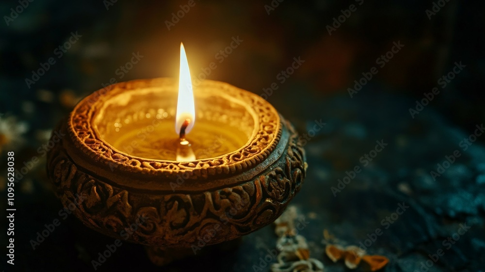 A close-up shot of an ornate terra-cotta Diwali lamp glowing with a soft golden flame, highlighting the delicate artwork and design, set against a dimly lit background for a festive ambiance. A close-up shot of an ornate terra-cotta Diwali lamp glowing with a soft golden flame, highlighting the delicate artwork and design, set against a dimly lit background for a festive ambiance.
